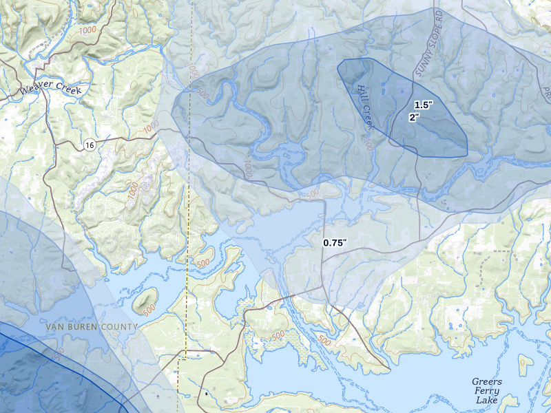 NEXRAD radar-signature map of the hail storm over Edgemont, AR on Aug 22, 2026