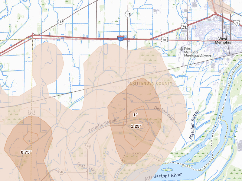 Radar-estimated hail-size map of the storm over Edmondson, AR on Jun 1, 2026