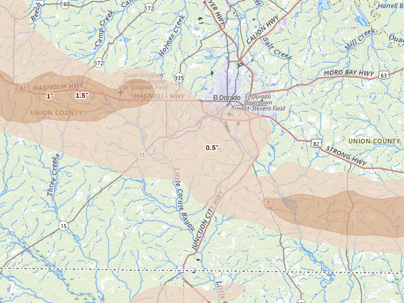 Radar-estimated hail-size map of the storm over El Dorado, AR on Mar 15, 2026