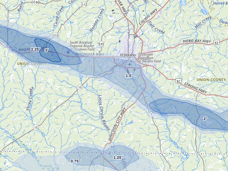 NEXRAD radar-signature map of the hail over El Dorado, AR