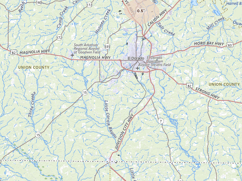 Radar-estimated hail-size map of the storm over El Dorado, AR on Apr 24, 2026
