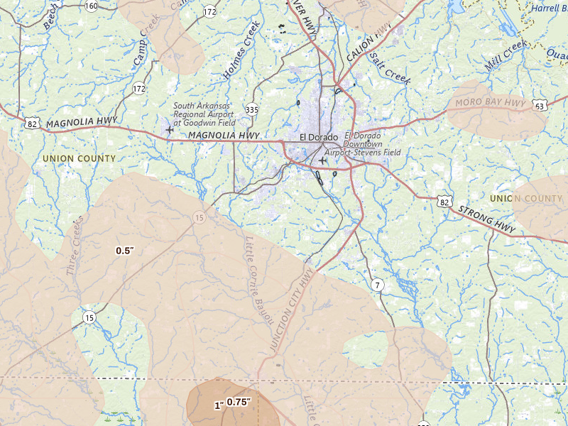 Radar-estimated hail-size map of the storm over El Dorado, AR on Apr 25, 2026