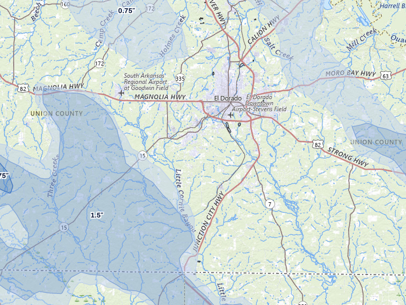 NEXRAD radar-signature map of the hail over El Dorado, AR