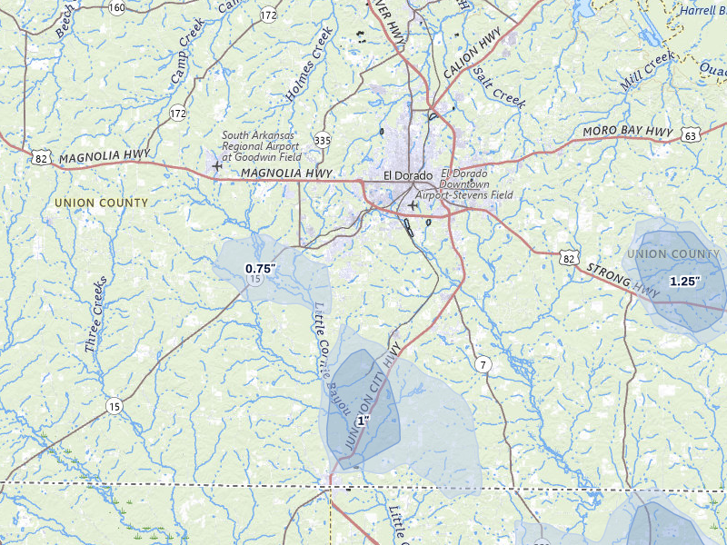 NEXRAD radar-signature map of the hail storm over El Dorado, AR on Jun 1, 2026