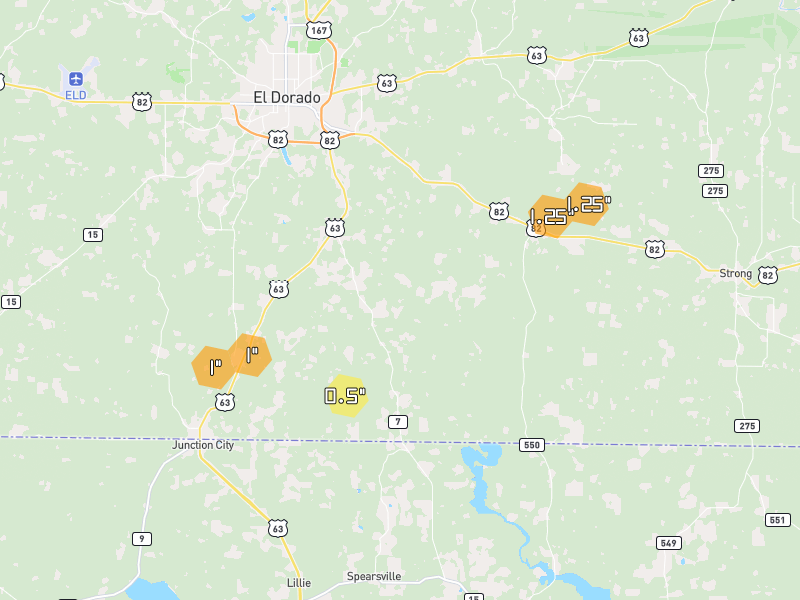 Hail map of El Dorado, AR on Jun 2, 2026, hail up to 1.25"