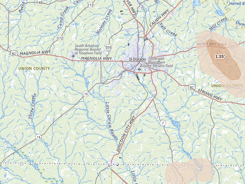 Radar-estimated hail-size map of the storm over El Dorado, AR on Jun 22, 2026