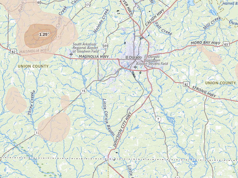 Radar-estimated hail-size map of the storm over El Dorado, AR on Jul 4, 2026