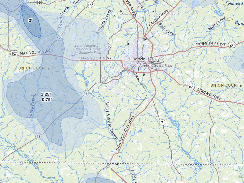 NEXRAD radar-signature map of the hail over El Dorado, AR