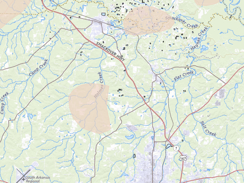 Radar-estimated hail-size map of the storm over El Dorado, AR on Aug 7, 2026