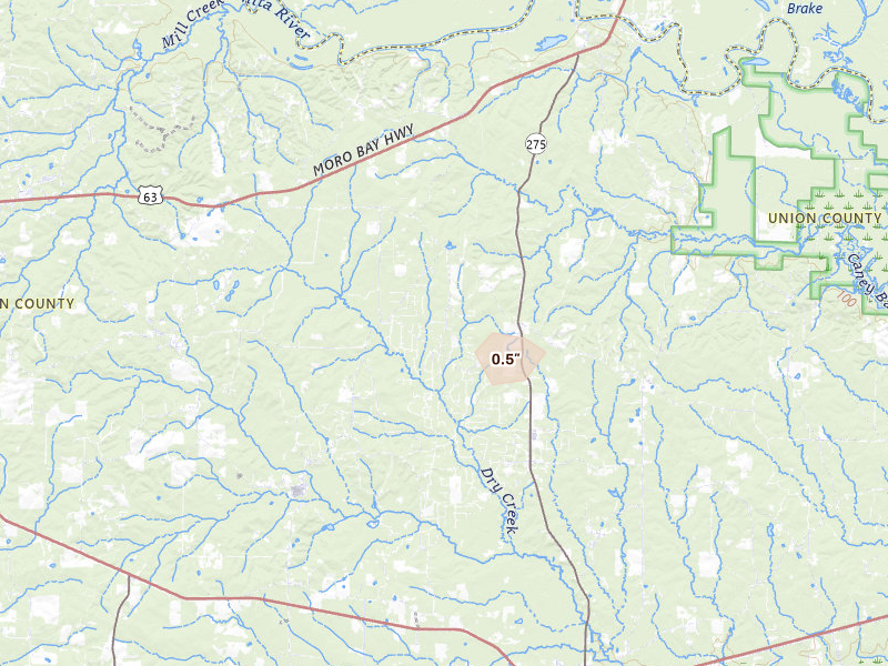 Radar-estimated hail-size map of the storm over El Dorado, AR on Aug 22, 2026