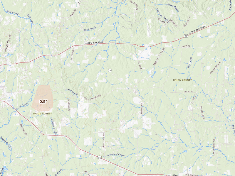 Radar-estimated hail-size map of the storm over El Dorado, AR on Sep 12, 2026
