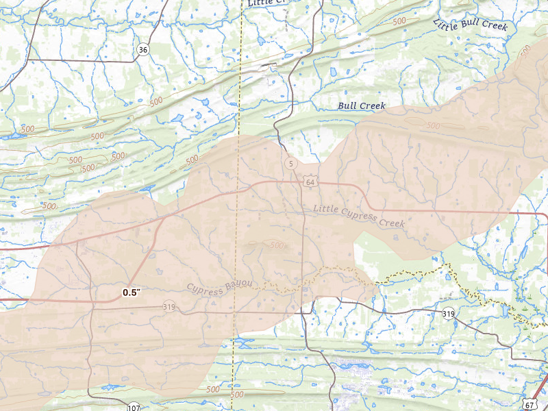 Radar-estimated hail-size map of the storm over El Paso, AR on Apr 28, 2026