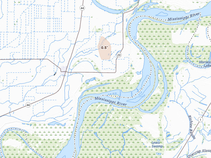 Radar-estimated hail-size map of the storm over Elaine, AR on Jul 21, 2026