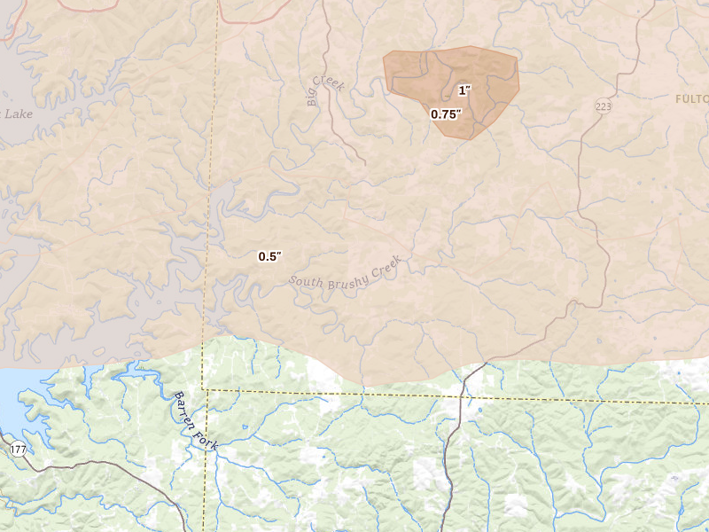 Radar-estimated hail-size map of the storm over Elizabeth, AR on Mar 4, 2026