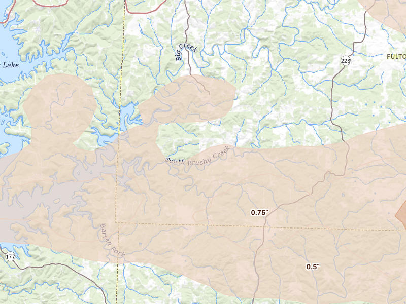 Radar-estimated hail-size map of the storm over Elizabeth, AR on Apr 27, 2026
