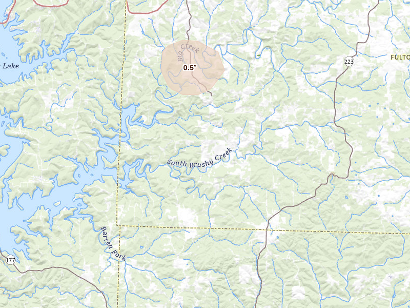 Radar-estimated hail-size map of the storm over Elizabeth, AR on Jul 7, 2026