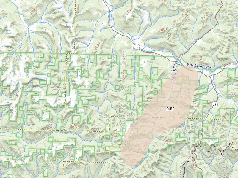 Radar-estimated hail-size map of the storm over Elkins, AR on Mar 6, 2026