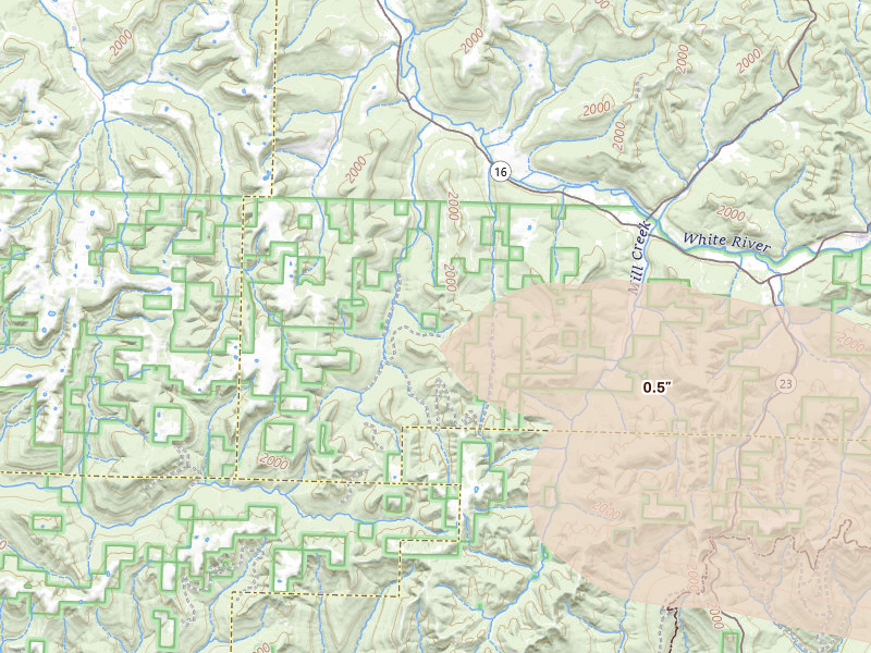 Radar-estimated hail-size map of the storm over Elkins, AR on Apr 25, 2026