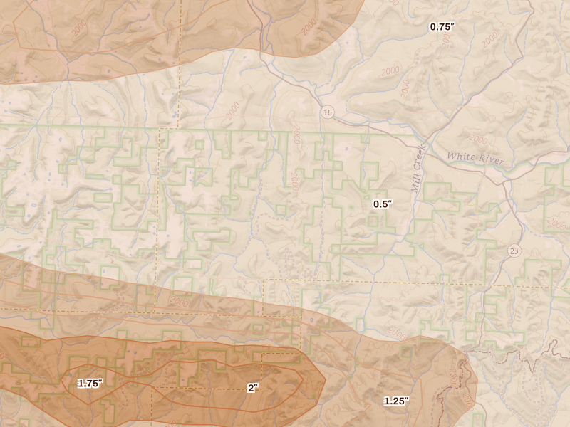 Radar-estimated hail-size map of the storm over Elkins, AR on Apr 28, 2026