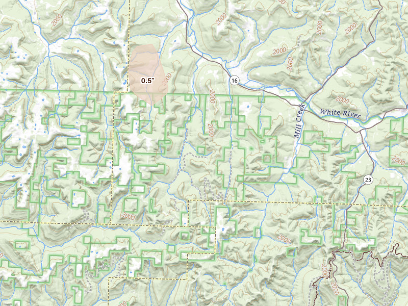Radar-estimated hail-size map of the storm over Elkins, AR on Jun 1, 2026
