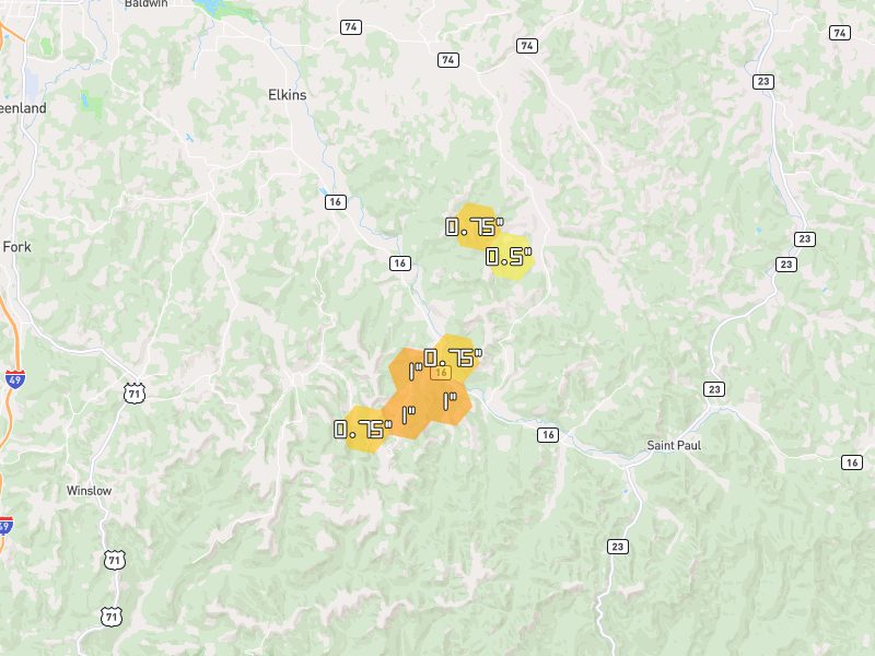 Hail map of Elkins, AR on Jun 2, 2026, hail up to 1"
