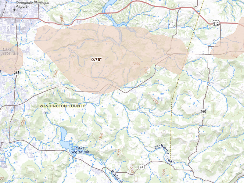 Radar-estimated hail-size map of the storm over Elkins, AR on Jul 11, 2026