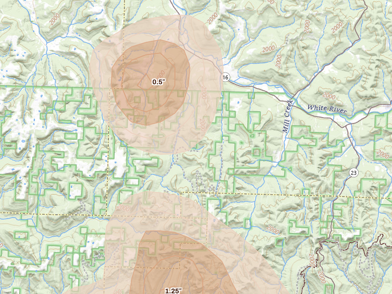 Radar-estimated hail-size map of the storm over Elkins, AR on Aug 26, 2026