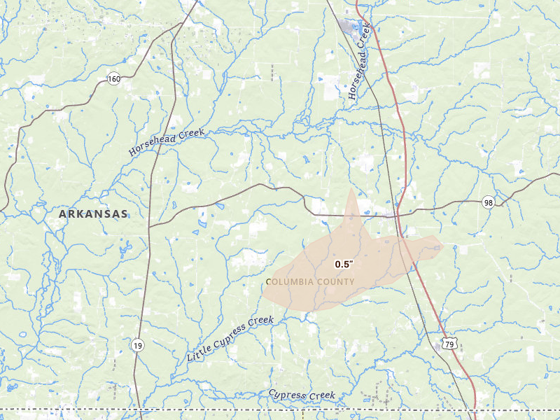 Radar-estimated hail-size map of the storm over Emerson, AR on Apr 24, 2026