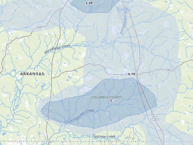 NEXRAD radar-signature map of the hail over Emerson, AR