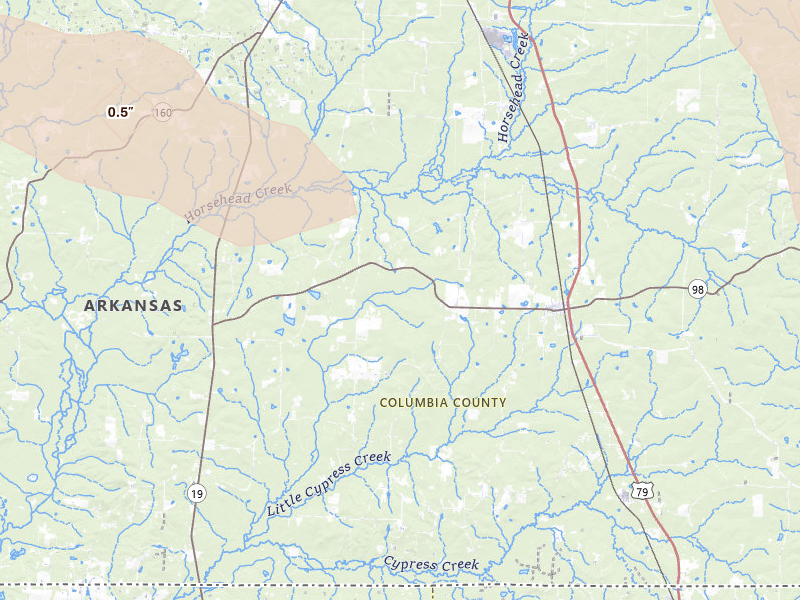 Radar-estimated hail-size map of the storm over Emerson, AR on Apr 25, 2026