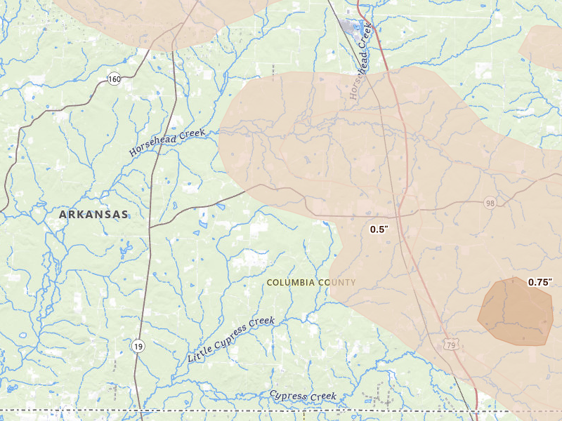 Radar-estimated hail-size map of the storm over Emerson, AR on Apr 29, 2026