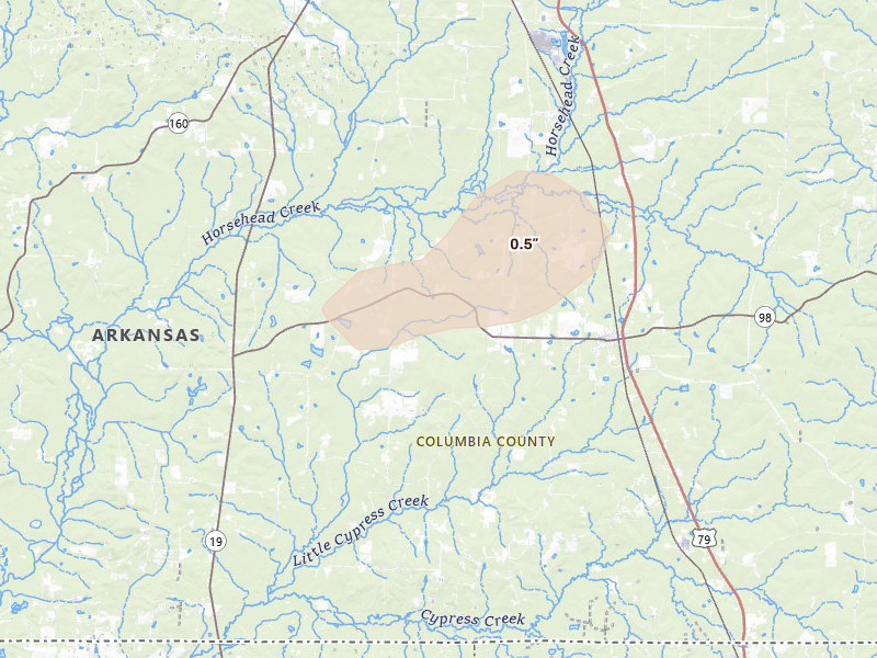 Radar-estimated hail-size map of the storm over Emerson, AR on Jun 1, 2026