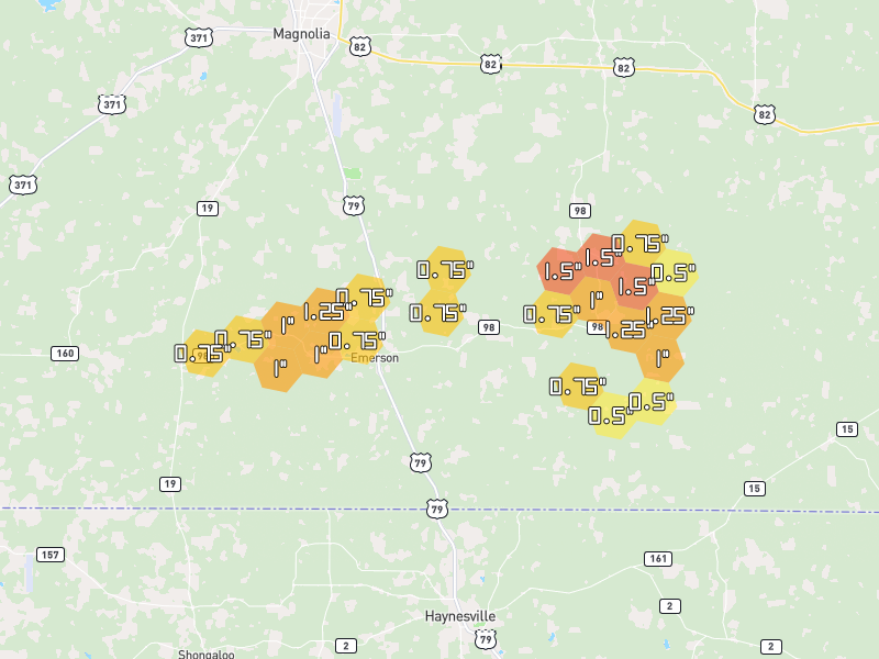 Hail map of Emerson, AR on Jun 2, 2026, hail up to 1.5"