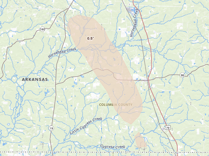 Radar-estimated hail-size map of the storm over Emerson, AR on Jun 22, 2026