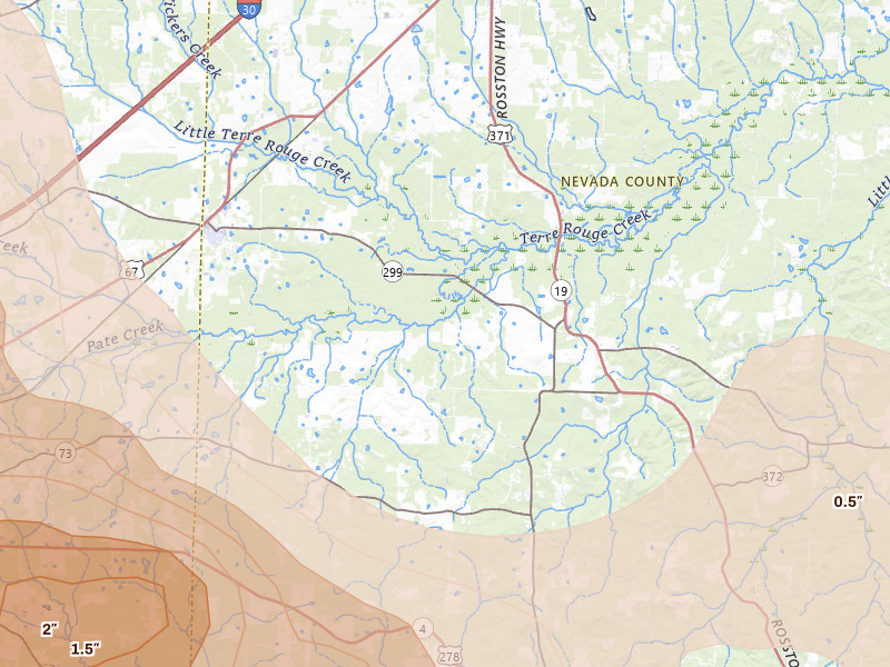Radar-estimated hail-size map of the storm over Emmet, AR on Apr 25, 2026
