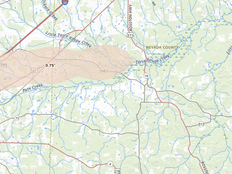Radar-estimated hail-size map of the storm over Emmet, AR on May 8, 2026