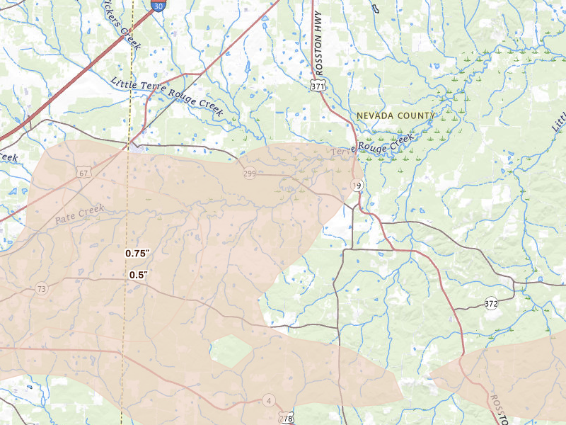 Radar-estimated hail-size map of the storm over Emmet, AR on Jul 12, 2026