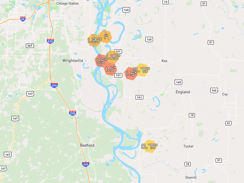 Hail map of England, AR on Jul 6, 2026, hail up to 1.5"