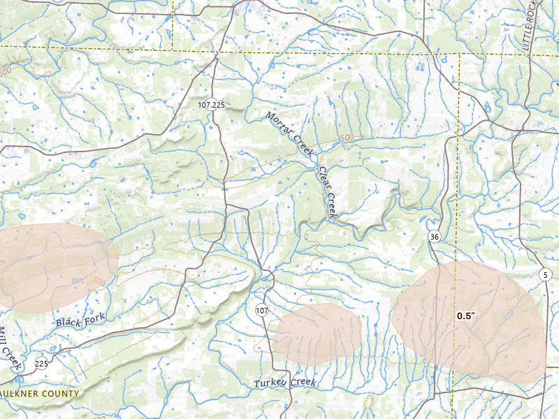 Radar-estimated hail-size map of the storm over Enola, AR on May 10, 2026