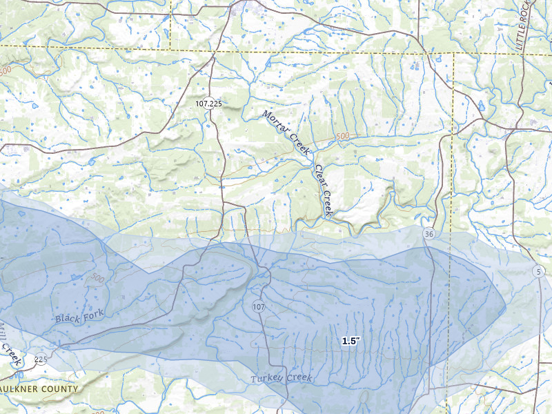 NEXRAD radar-signature map of the hail storm over Enola, AR on May 10, 2026