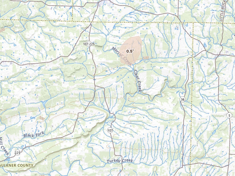 Radar-estimated hail-size map of the storm over Enola, AR on Jul 3, 2026
