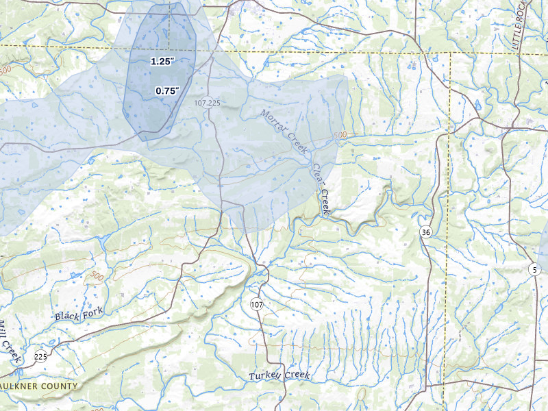 NEXRAD radar-signature map of the hail storm over Enola, AR on Jul 3, 2026
