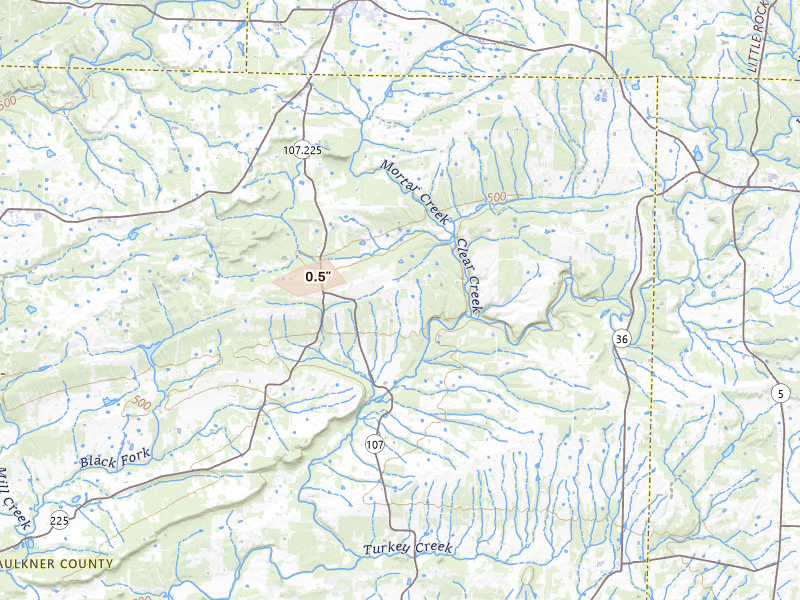 Radar-estimated hail-size map of the storm over Enola, AR on Jul 14, 2026