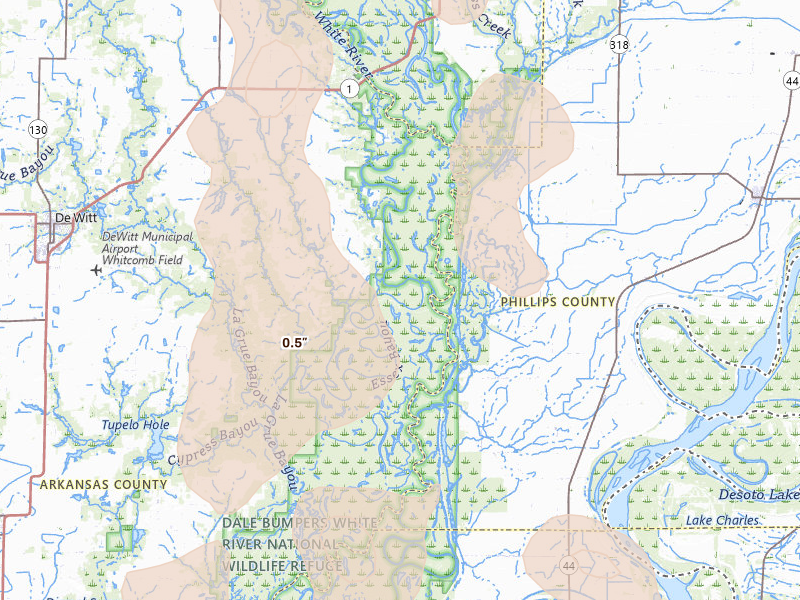 Radar-estimated hail-size map of the storm over Ethel, AR on Jun 1, 2026
