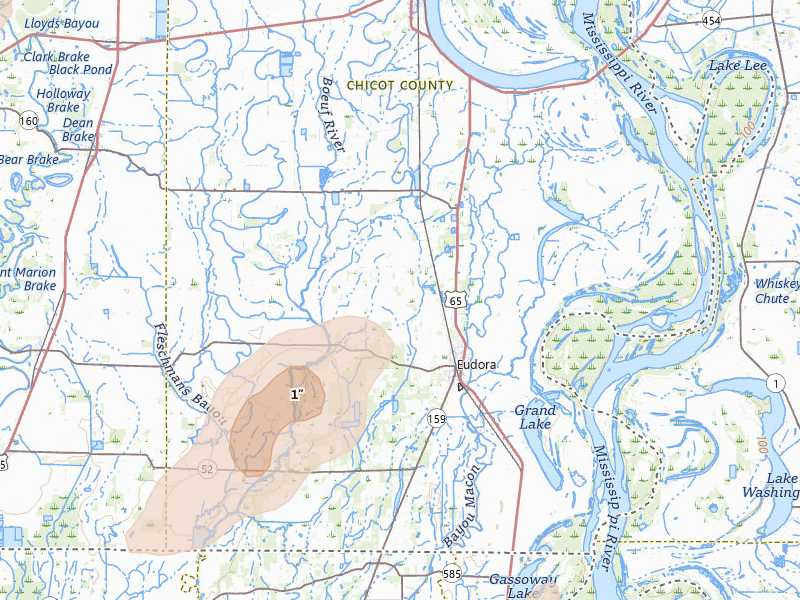 Radar-estimated hail-size map of the storm over Eudora, AR on Mar 7, 2026
