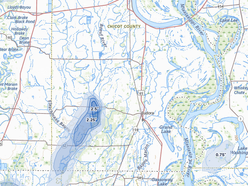 NEXRAD radar-signature map of the hail storm over Eudora, AR on Mar 7, 2026