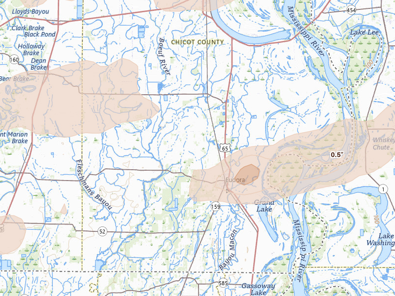 Radar-estimated hail-size map of the storm over Eudora, AR on Mar 15, 2026