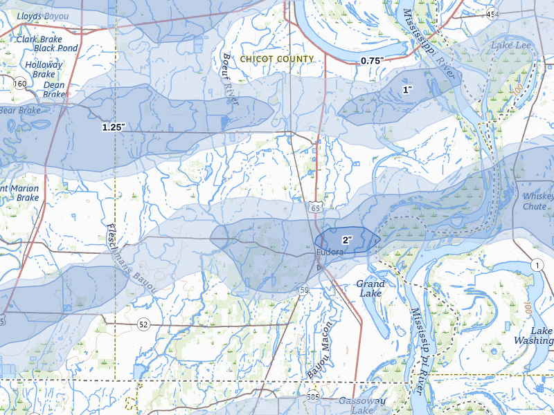 NEXRAD radar-signature map of the hail over Eudora, AR