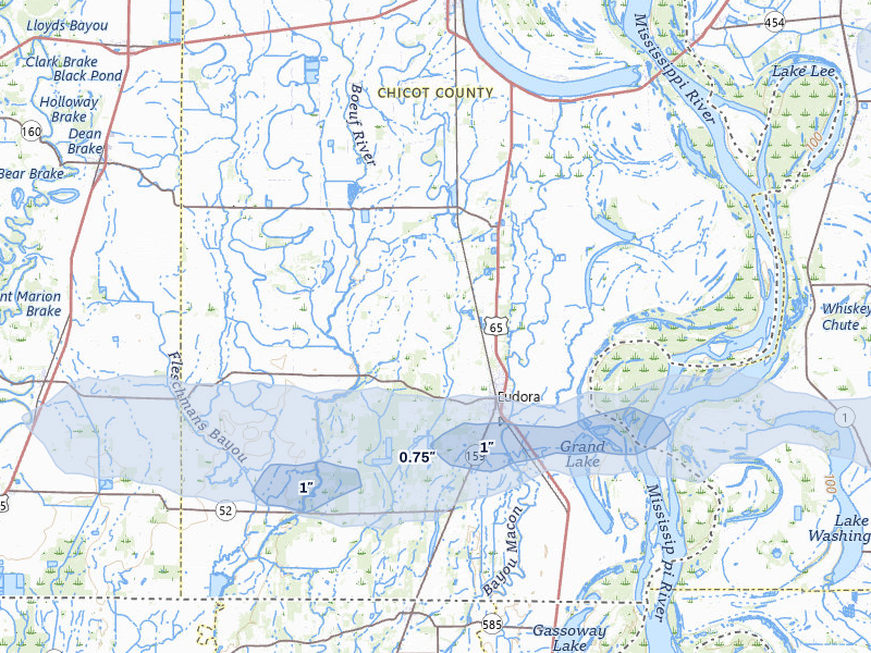 NEXRAD radar-signature map of the hail storm over Eudora, AR on Apr 28, 2026