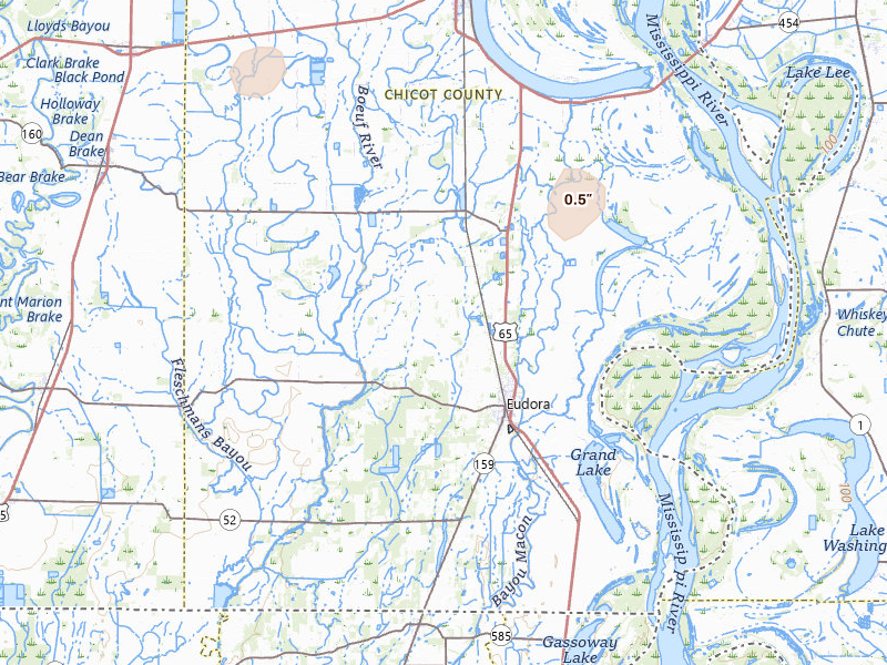 Radar-estimated hail-size map of the storm over Eudora, AR on Jun 1, 2026